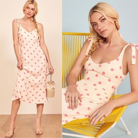 REFORMATION 90s Polka Dot Sleeveless Tie Strap Open Back Midi Slip Dress S - Picture 1 of 6